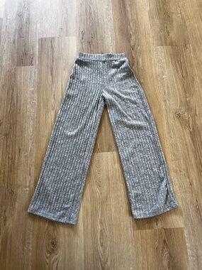 Gray Ribbed Wide-Leg Knit Pants